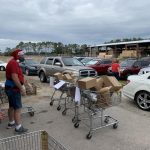 Volunteers load food into cars 1