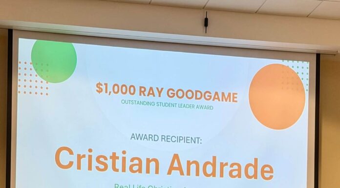Cristian Andrade Received The $1,000 Ray Goodgame Outstanding Student Leader Award